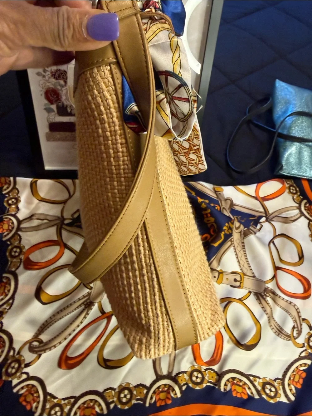 Fossil Tan Woven Tote with Navy Scarf Accent